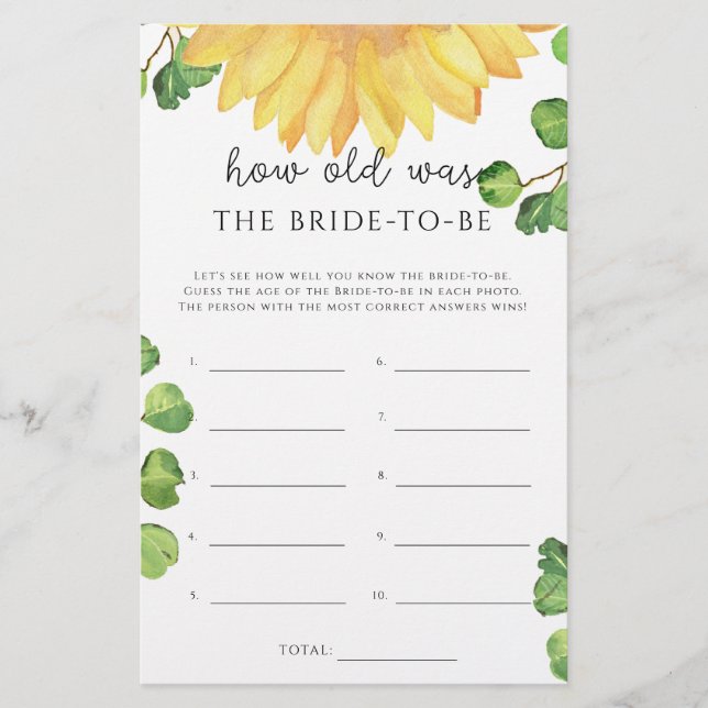 Sunflower game How old was the bride to be (Front)