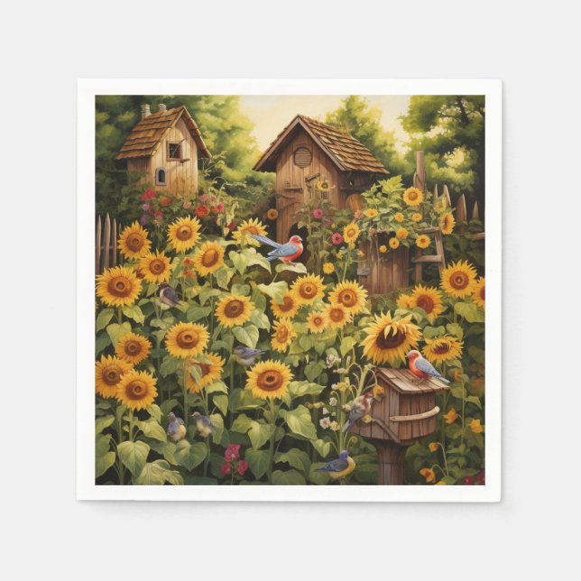 Sunflower Garden 12 Bird Houses Blue Birds Napkins (Front)