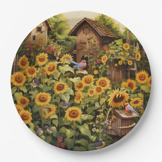 Sunflower Garden 12 Bird Houses Blue Birds Paper Plates (Front)