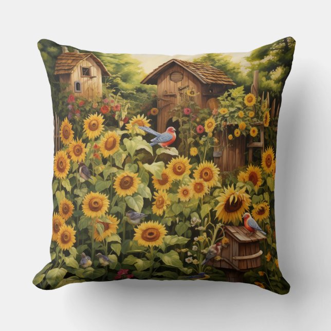 Sunflower Garden 12 Bird Houses Blue Birds Throw Pillow (Front)