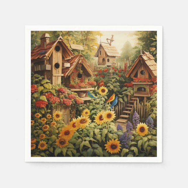 Sunflower Garden 13 Bird Houses Blue Birds Napkins (Front)