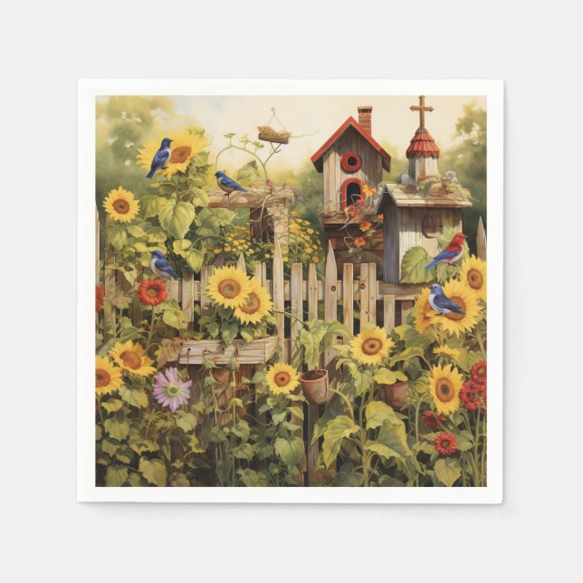 Sunflower Garden 14 Bird Houses Blue Birds Napkins (Front)