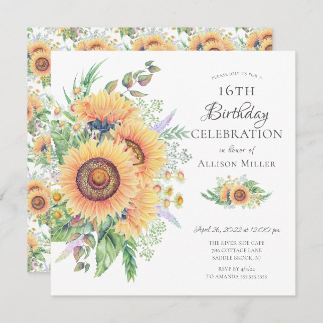 Sunflower Garden 16th Birthday  Invitation (Front/Back)