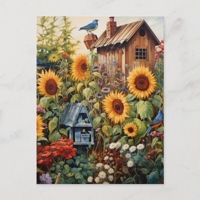 Sunflower Garden 3 Bird Houses Blue Birds Postcard (Front)