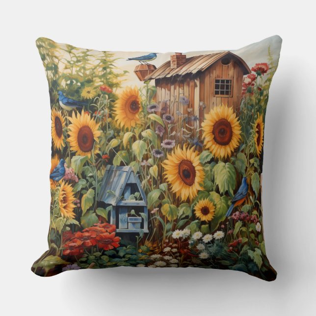 Sunflower Garden 3 Bird Houses Blue Birds Throw Pillow (Front)
