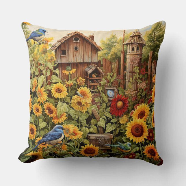 Sunflower Garden 4 Bird Houses Blue Birds Throw Pillow (Front)
