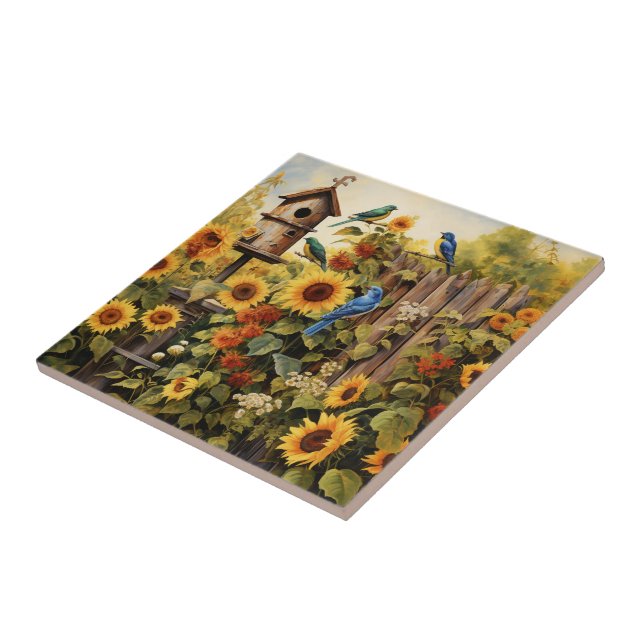 Sunflower Garden 5 Bird Houses Blue Birds Ceramic Tile (Side)