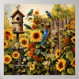 Sunflower Garden 5 Bird Houses Blue Birds Poster