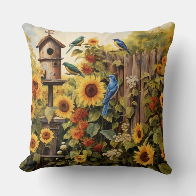 Sunflower Garden 5 Bird Houses Blue Birds Throw Pillow (Front)