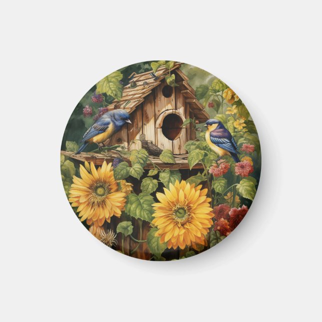 Sunflower Garden 6 Bird Houses Blue Birds Magnet (Front)