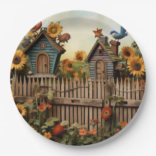 Sunflower Garden 7 Bird Houses Blue Birds Paper Plates