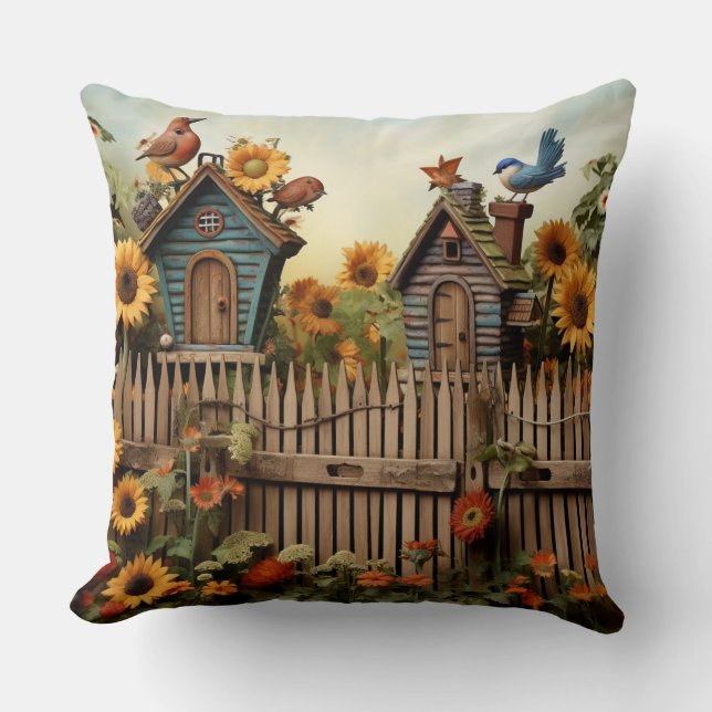 Sunflower Garden 7 Bird Houses Blue Birds Throw Pillow (Front)