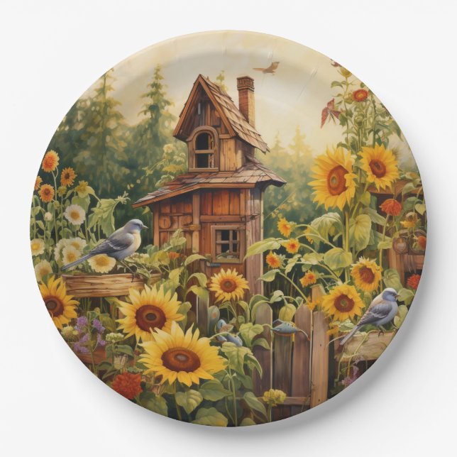 Sunflower Garden 8 Bird Houses Blue Birds Paper Plates (Front)