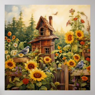 Sunflower Garden 8 Bird Houses Blue Birds Poster