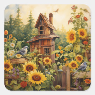 Sunflower Garden 8 Bird Houses Blue Birds Square Sticker