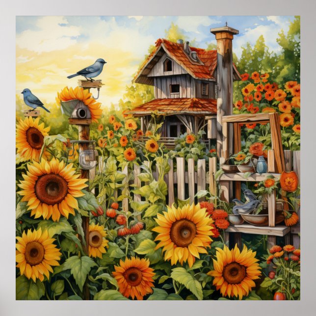 Sunflower Garden 9 Bird Houses Blue Birds Poster (Front)