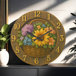 Sunflower Garden Basket Wooden Wall Clock