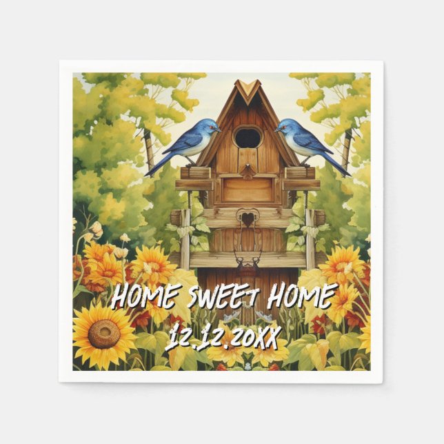 Sunflower Garden Bird Houses Blue Birds Napkins (Front)