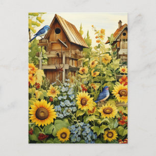 Sunflower Garden Bird Houses Blue Birds Postcard