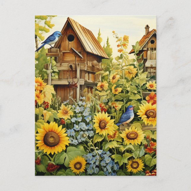 Sunflower Garden Bird Houses Blue Birds Postcard (Front)