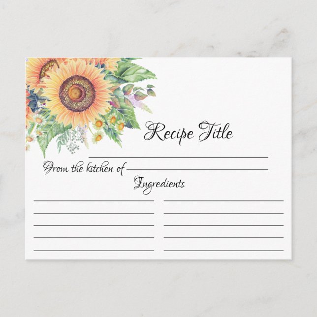 Sunflower Garden Bridal Shower Recipe Card  (Front)