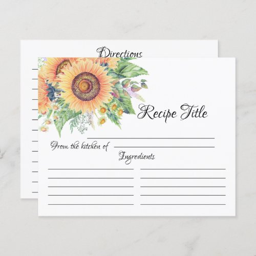 Sunflower Garden Bridal Shower Recipe Card 