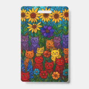 Sunflower Garden Cats Stained-Glass Art Badge