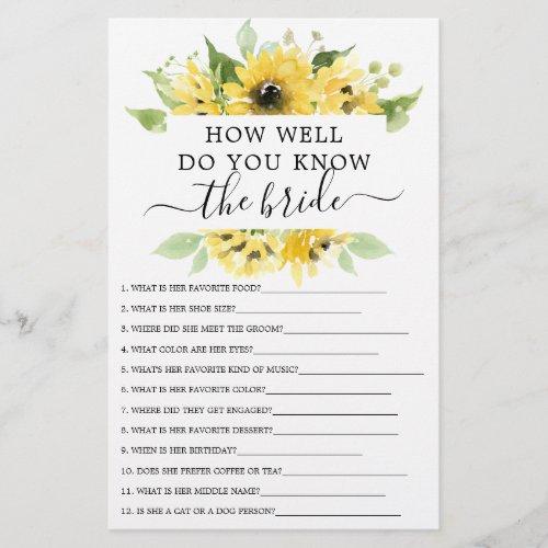 Sunflower Garden Double Sided Bridal Shower Games