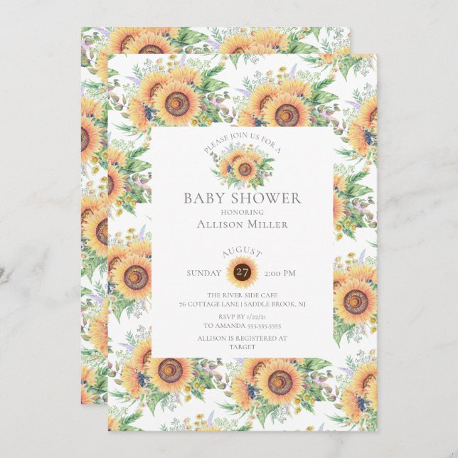 Sunflower Garden Floral  Baby Shower Invitation (Front/Back)