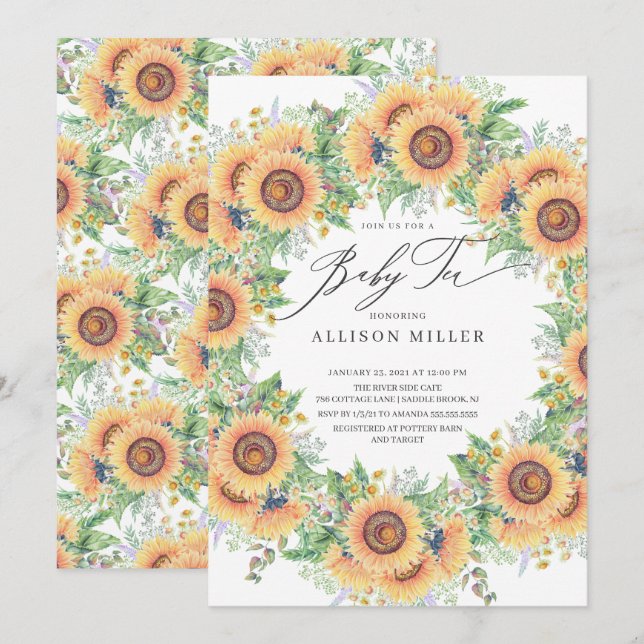 Sunflower Garden Floral Baby Tea Invitation (Front/Back)