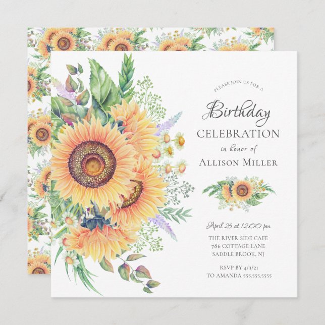 Sunflower Garden Floral Birthday  Invitation (Front/Back)