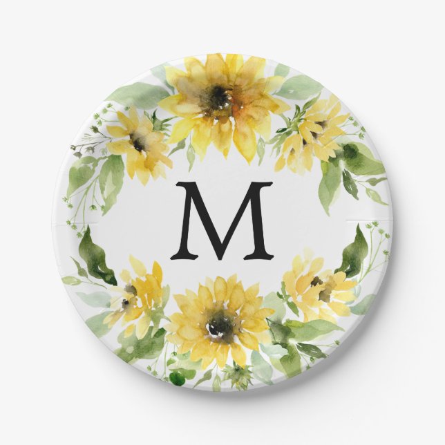 Sunflower Garden Monogram Paper Plates (Front)