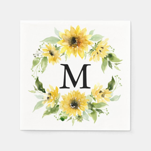 Sunflower Garden Monogram Wedding Cocktail Napkin (Front)