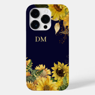 Sunflower Garden on Navy Blue Monogram Case-Mate iPhone 14 Pro Case