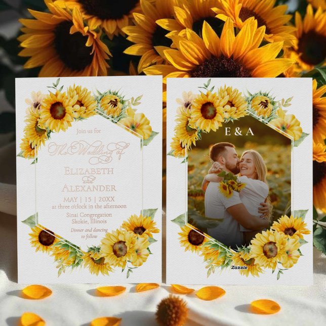 Sunflower Geometric Autumn Fall Photo Wedding Real Foil Invitation (Creator Uploaded)