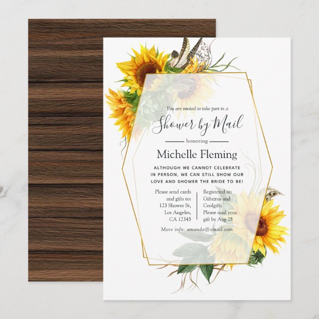 Sunflower Geometric Baby or Bridal Shower by Mail Invitation (Front/Back)