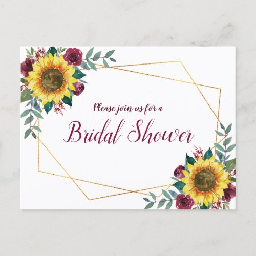 Sunflower Geometric Burgundy Floral Bridal Shower Invitation Postcard