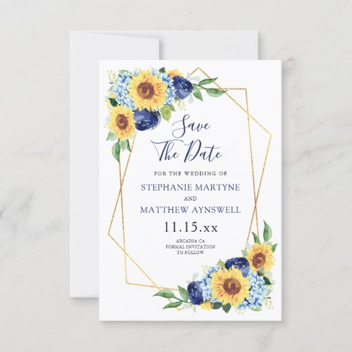 Sunflower Geometric Dusty Blue Navy Floral Wedding Save The Date