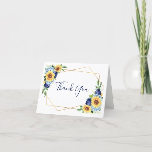 Sunflower Geometric Dusty Blue Navy Floral Wedding Thank You Card