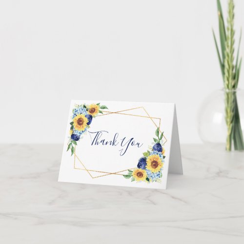 Sunflower Geometric Dusty Blue Navy Floral Wedding Thank You Card