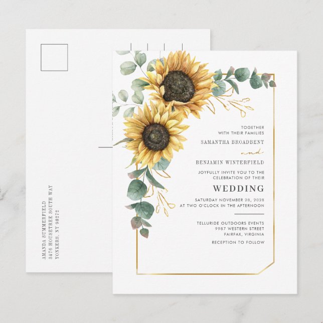 Sunflower Geometric Eucalyptus Floral Wedding Invitation Postcard (Front/Back)