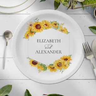 Sunflower Geometric Floral Fall Autumn Wedding Paper Plates