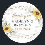 Sunflower Geometric Greenery Wedding Thank You Classic Round Sticker<br><div class="desc">Design features watercolor greenery,  sunflowers,  printed gold elements and airy botanical leaves over a printed gold colored geometric frame.</div>