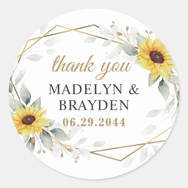 Sunflower Geometric Greenery Wedding Thank You Classic Round Sticker (Front)