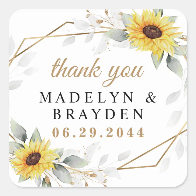 Sunflower Geometric Greenery Wedding Thank You Square Sticker | Zazzle