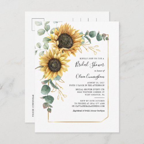 Sunflower Geometric Script Floral Bridal Shower Invitation Postcard