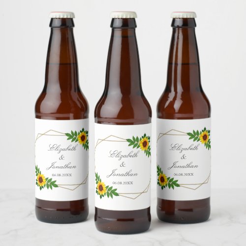 Sunflower Geometric Wedding Beer Bottle Label