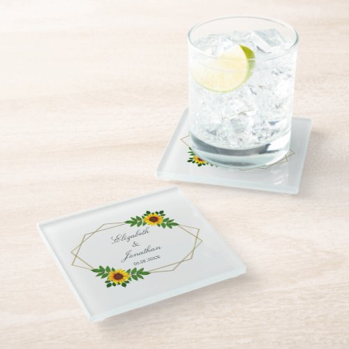 Sunflower Geometric Wedding Glass Coaster