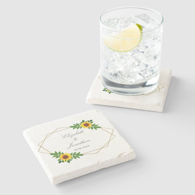 Sunflower Geometric Wedding Stone Coaster (Side)
