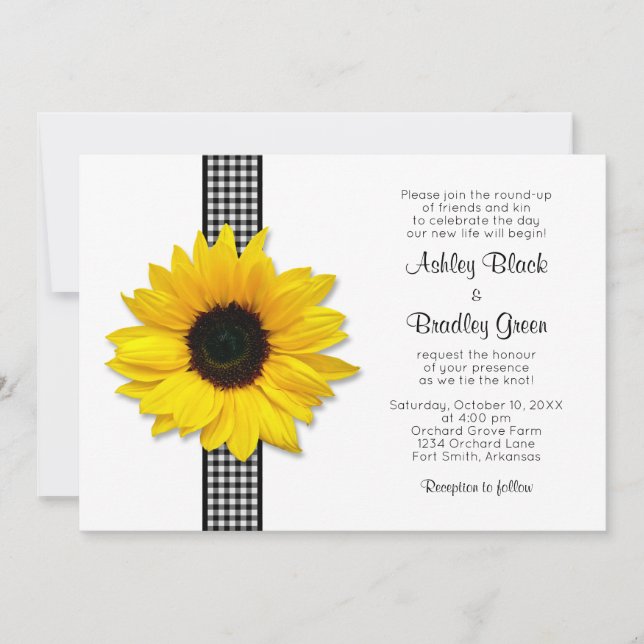 Sunflower Gingham Check Ribbon Wedding Invitation (Front)